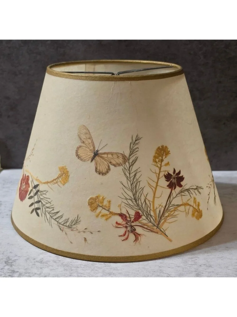 Vtg Van Briggle Style Botanical Lamp Shade Real Pressed Flowers w Butterfly 10